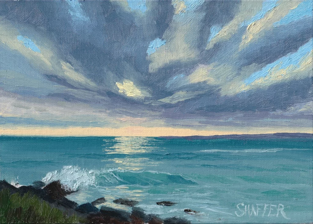 Small plein air landscape oil painting of sunset at Sachuest Point Wildlife Refuge, Middletown, Rhode Island. Seascape painting for sale.