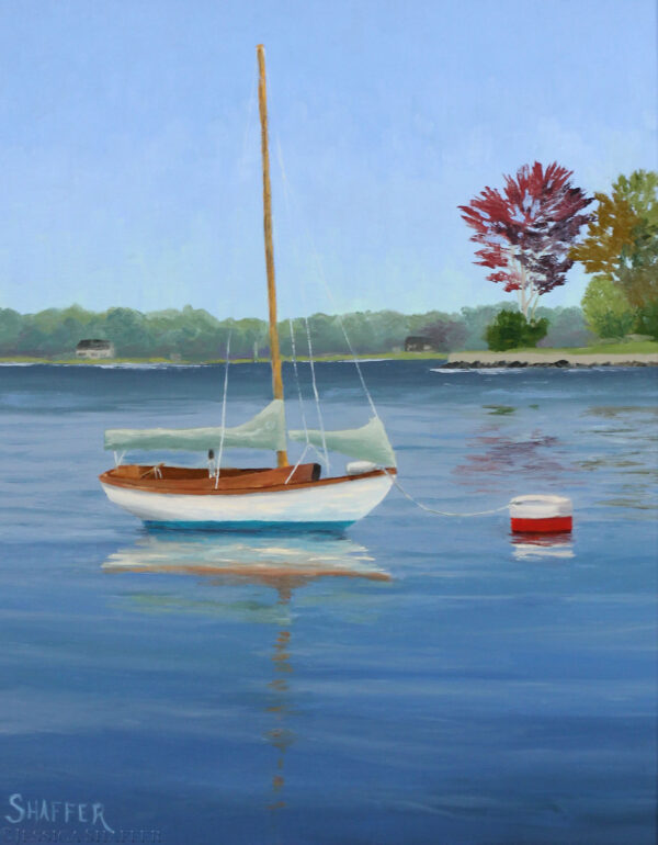 'Waiting for Wind' 16 x 20 inches landscape oil painting of a sailboat in Watch Hill Harbor, Rhode Island. Original art for sale.