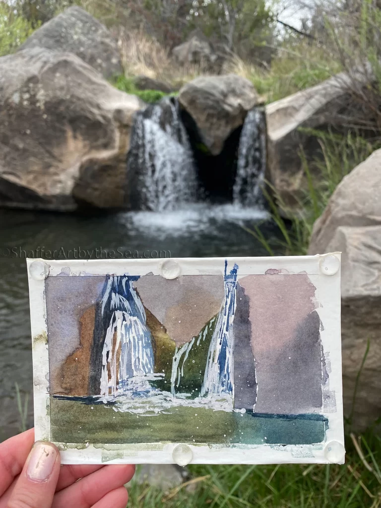 Plein air gouache of waterfall along the Blue Dot Trail, Los Alamos, New Mexico