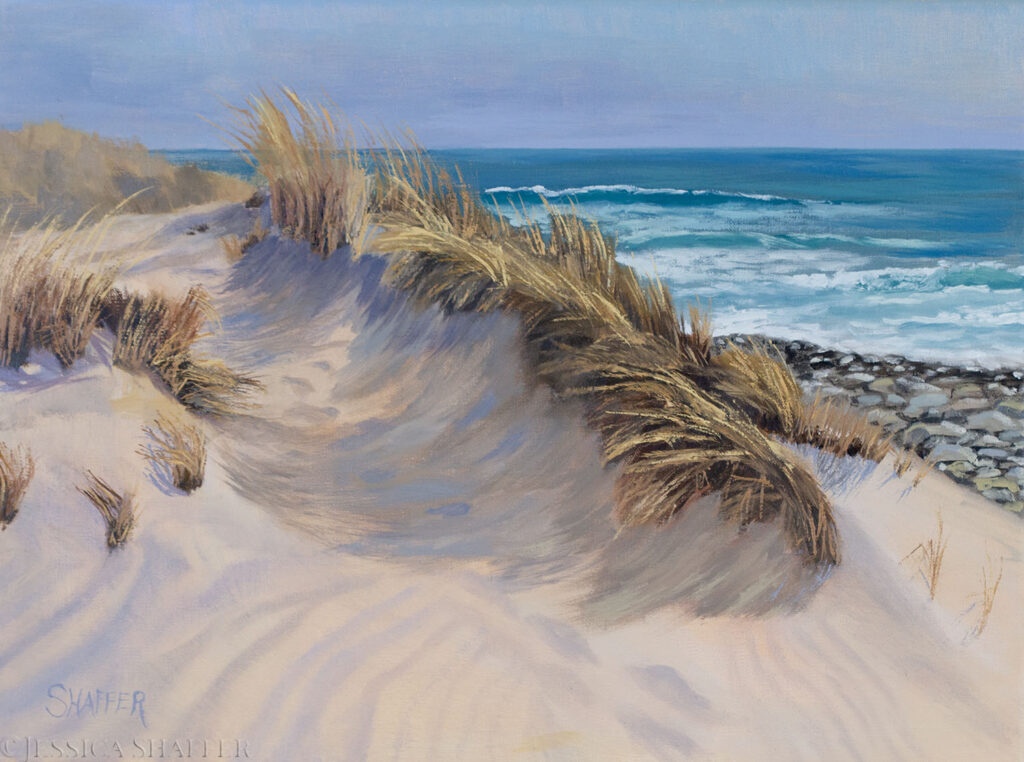 Original landscape oil painting of beach sand dunes with ocean waves on Martha's Vineyard, MA