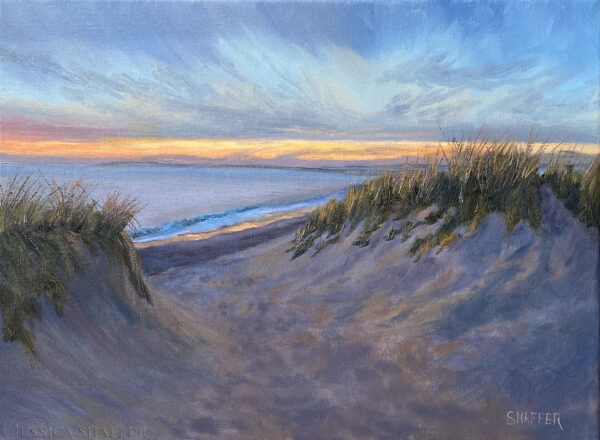 Seascape oil painting of sunset on the beach dunes at Napatree Point, Watch Hill, Rhode Island. Painted by local artist Jessica Shaffer.