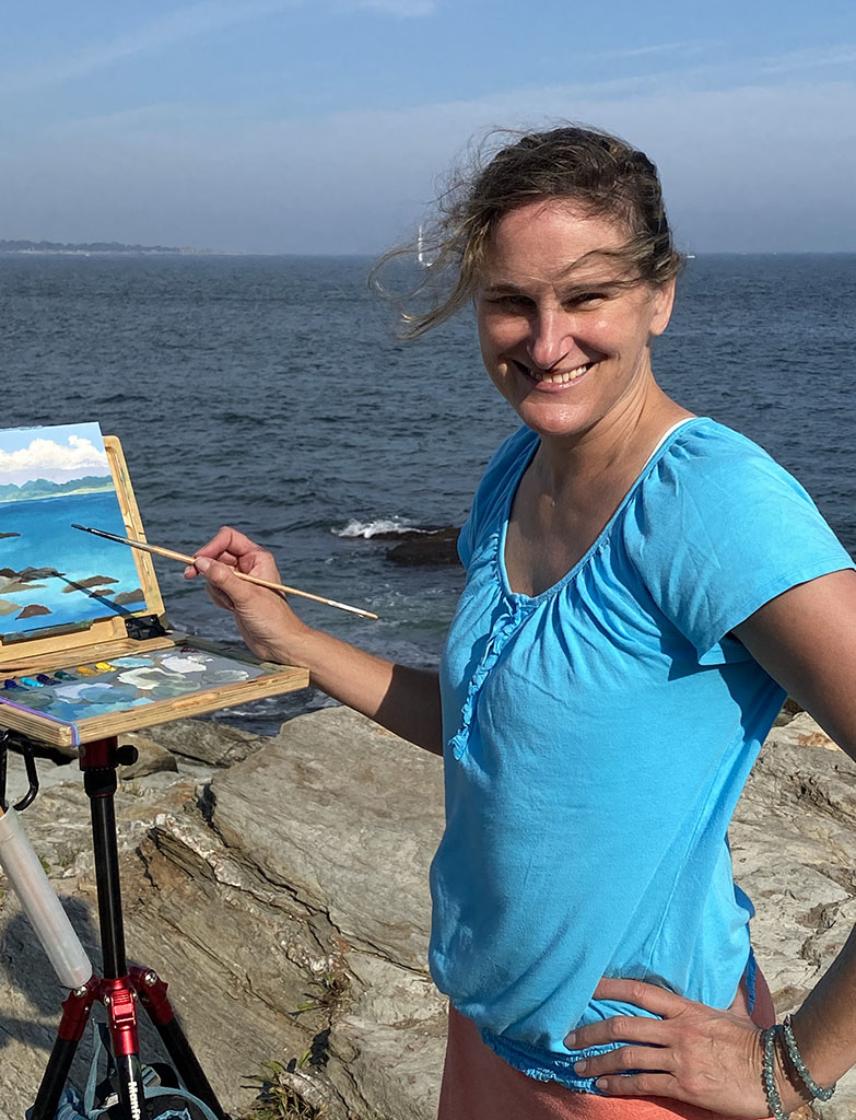 Artist Jessica Shaffer plein air painting at Beavertail State Park, Jamestown, R.I.