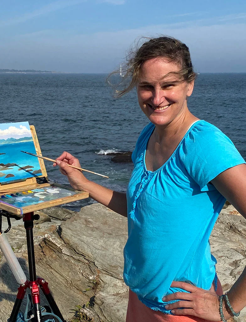 Artist Jessica Shaffer plein air painting at Beavertail State Park, Jamestown, R.I.