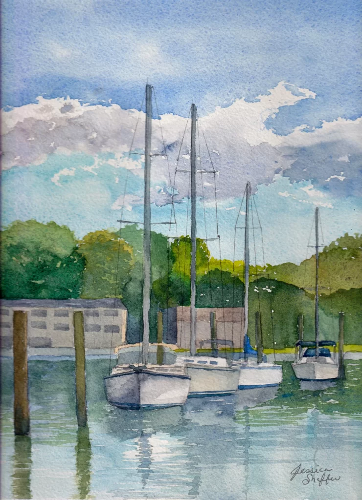 Watercolor painting of sailboats moored in Wickford Harbor, North Kingstown, Rhode Island