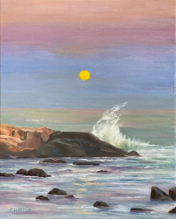 Seascape oil painting of the Hunters moon rising at Black Point, Narragansett, Rhode Island. Wall art for coastal decor.