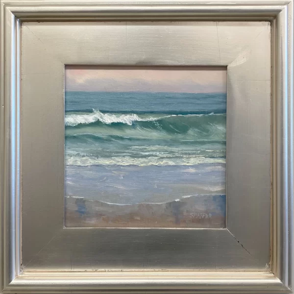 Seascape oil painting of the waves rolling onto Narragansett Beach framed in bright silver wood frame.