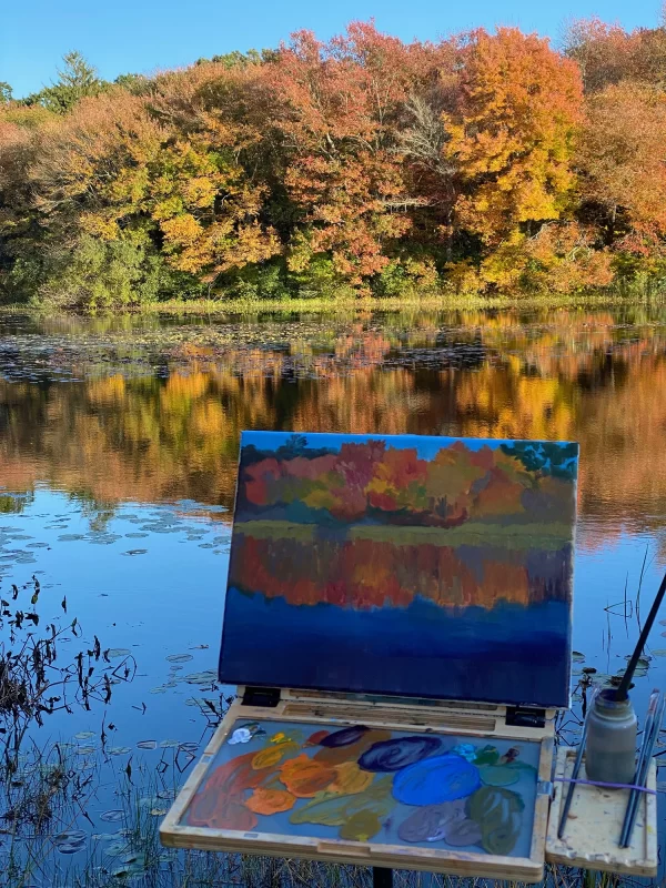 Autumn Reflections: landscape oil painting of fall trees on a serene pond | 12 x 16 in - Image 4