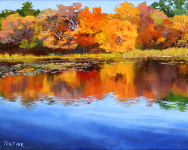 Autumn Reflections: landscape oil painting of fall trees on a serene pond | 12 x 16 in