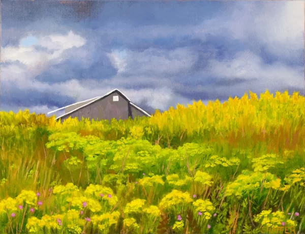 Coastal landscape oil painting of a field of yellow goldenrod leading to the Sachuest Point Wildlife Refuge Visitor Center with storm clouds in the sky.