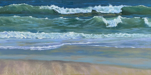 Seascape oil painting of the sunlit waves rolling in at Narragansett Beach. Rhode Island art for sale.