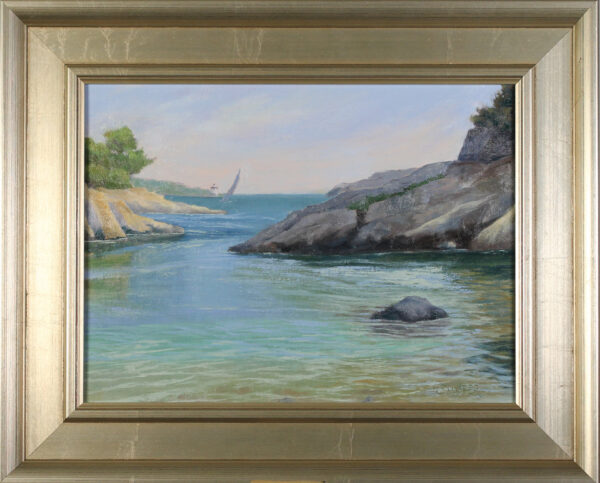 Warm silver frame on landscape oil painting of Fort Wetherill, Jamestown, Rhode Island