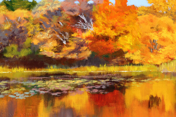 Detail of the red and yellow fall trees in a landscape oil painting of autumn trees reflecting on a pond