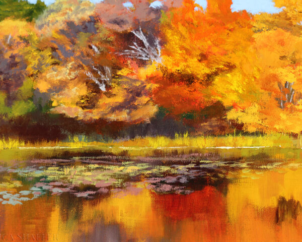 Autumn Reflections: landscape oil painting of fall trees on a serene pond | 12 x 16 in