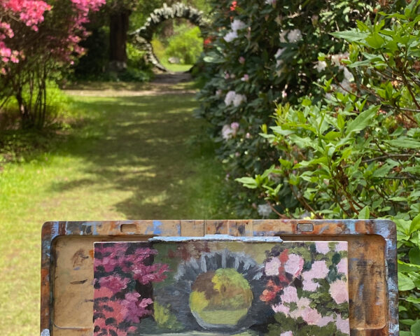 Secret Moon Bridge: landscape oil painting of Kinney Azalea Garden, RI