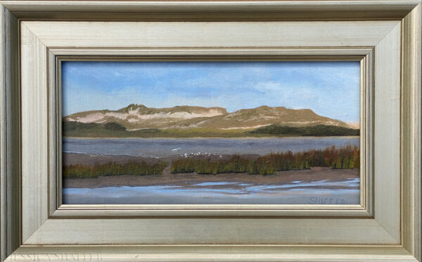 Framed landscape oil painting of the sand dunes and estuary at Chincoteague Wildlife Refuge, Virginia