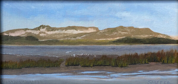 Landscape oil painting of eastern shore sand dunes and estuary at Chincoteague National Wildlife Refuge.