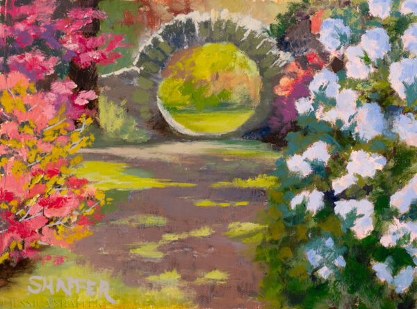 Landscape oil painting of the moon bridge at Kinney Azalea Garden by Rhode Island artist Jessica Shaffer.