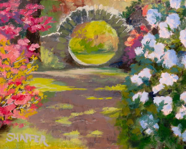 Secret Moon Bridge: landscape oil painting of Kinney Azalea Garden, RI