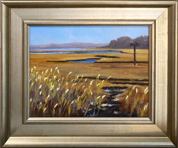 Framed oil painting of the golden fall marsh meadows, Jamestown, Rhode Island by artist Jessica Shaffer