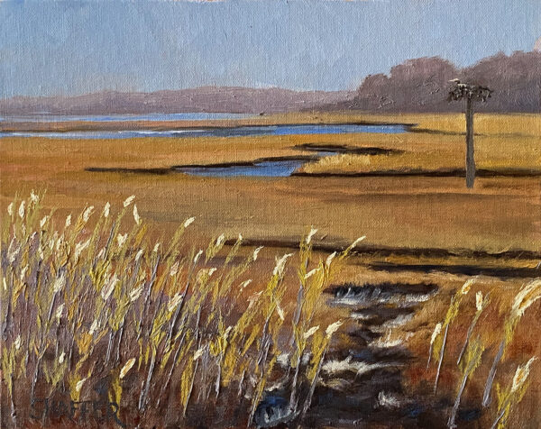 Landscape oil painting of marsh meadows, Jamestown, Rhode Island, by artist Jessica Shaffer