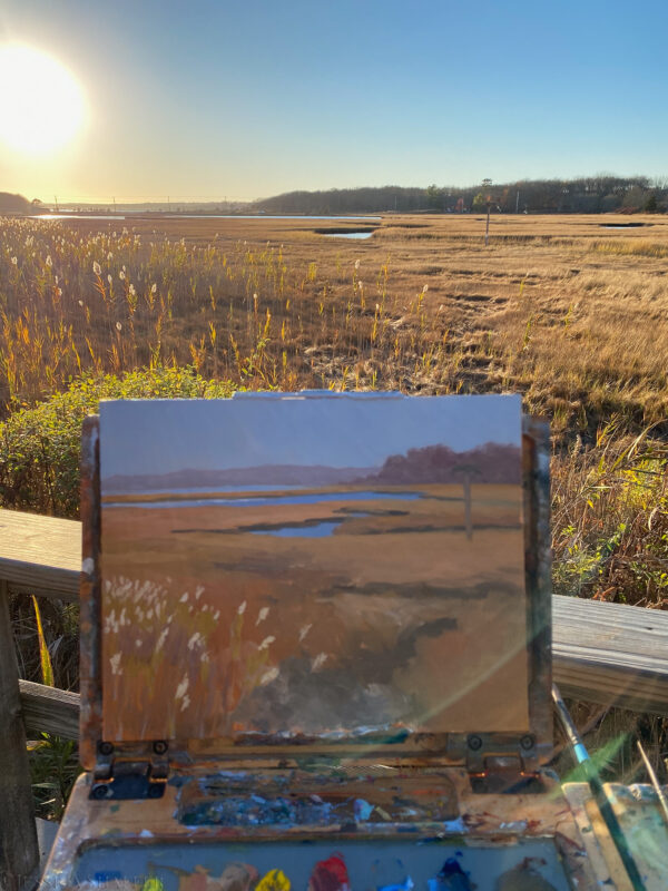 Plein air painting the marsh meadows from Conanicut Island Sanctuary, Jamestown, RI