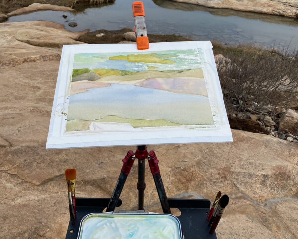 Warm Rocks, Gray Skies: seascape painting at Black Point | 8 x 11 inches