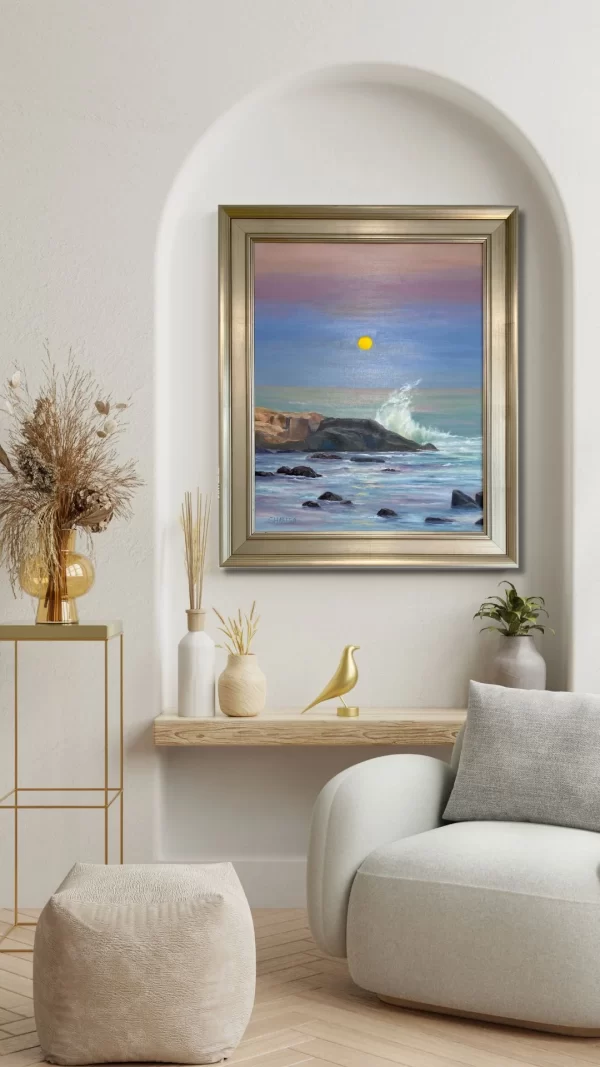 Wall mockup of the a seascape oil painting