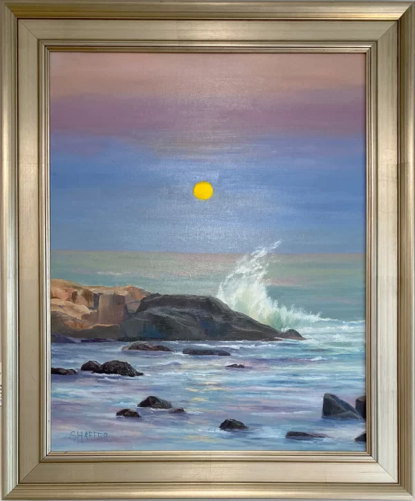 Seascape oil painting of the Hunter's Moon Rising at Black Point, Narragansett, Rhode Island framed in warm silver.