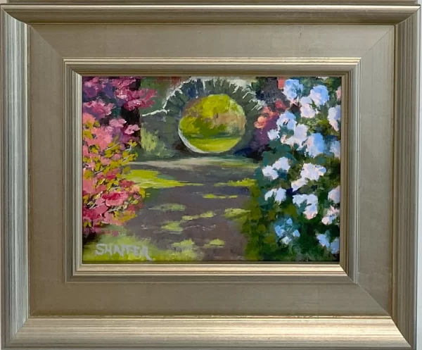 Secret Moon Bridge: landscape oil painting of Kinney Azalea Garden, RI